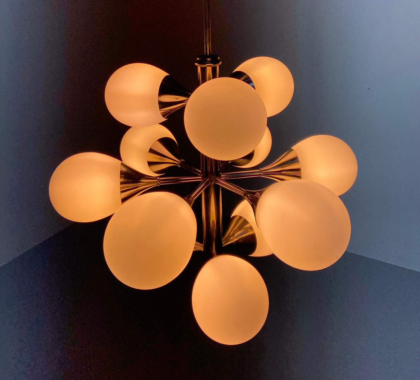 Sputnik in Metal and 12 White Opaline Teardrops by Kaiser Leuchten, 1960's