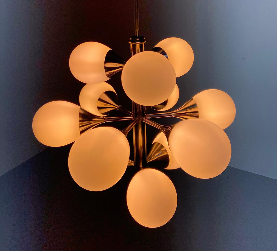 Sputnik in Metal and 12 White Opaline Teardrops by Kaiser Leuchten, 1960's