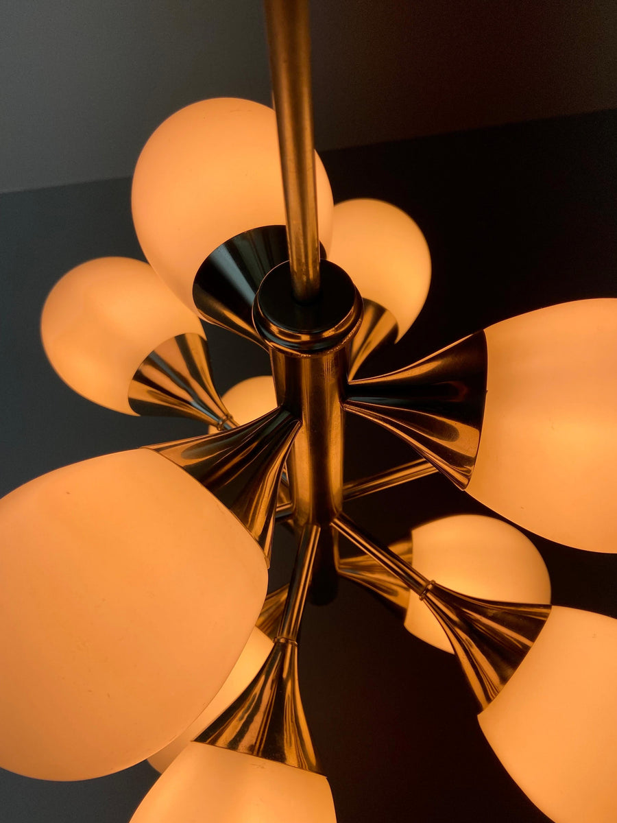 Sputnik in Metal and 12 White Opaline Teardrops by Kaiser Leuchten, 1960's