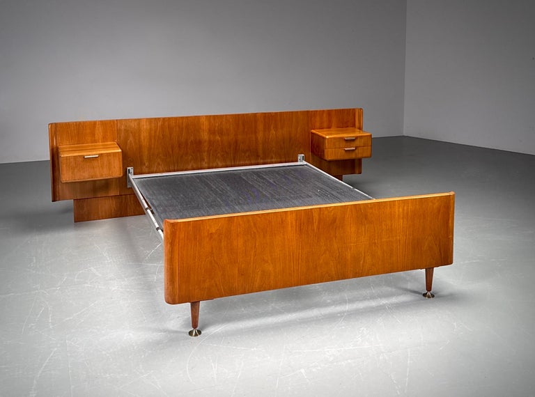 Northern European modern Double Bed with integrated floating Nightstands, 1950's