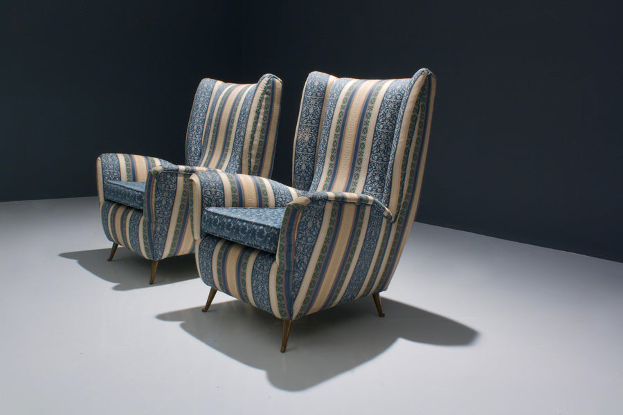 Set of Two Lounge Chairs by I.S.A. in Silk Upholstery and Brass, Italy, 1950s