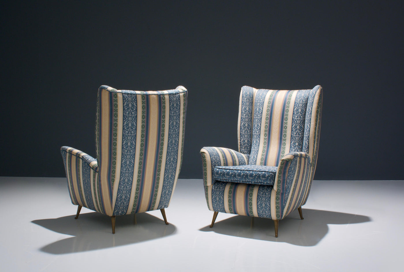 Set of Two Lounge Chairs by I.S.A. in Silk Upholstery and Brass, Italy, 1950s