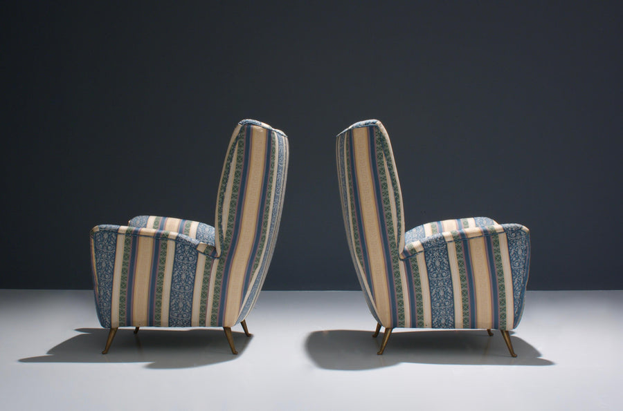 Set of Two Lounge Chairs by I.S.A. in Silk Upholstery and Brass, Italy, 1950s
