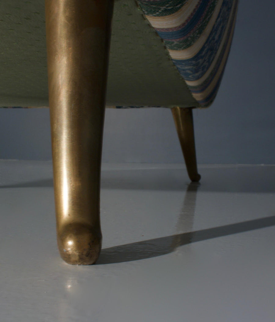 Set of Two Lounge Chairs by I.S.A. in Silk Upholstery and Brass, Italy, 1950s