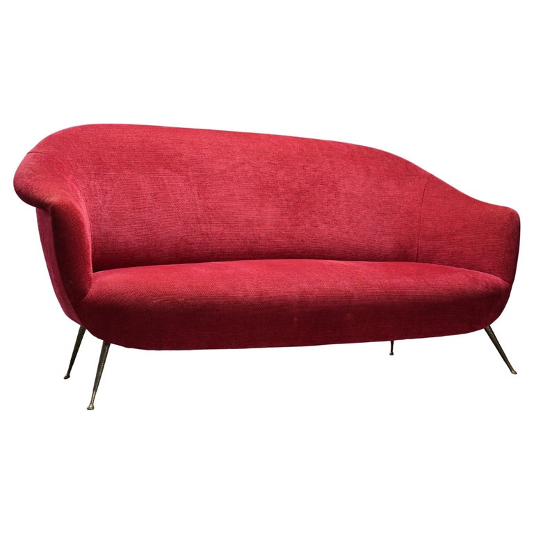 Romantic Three-Seat Sofa in Brass and Fabric, Italy, 1960s