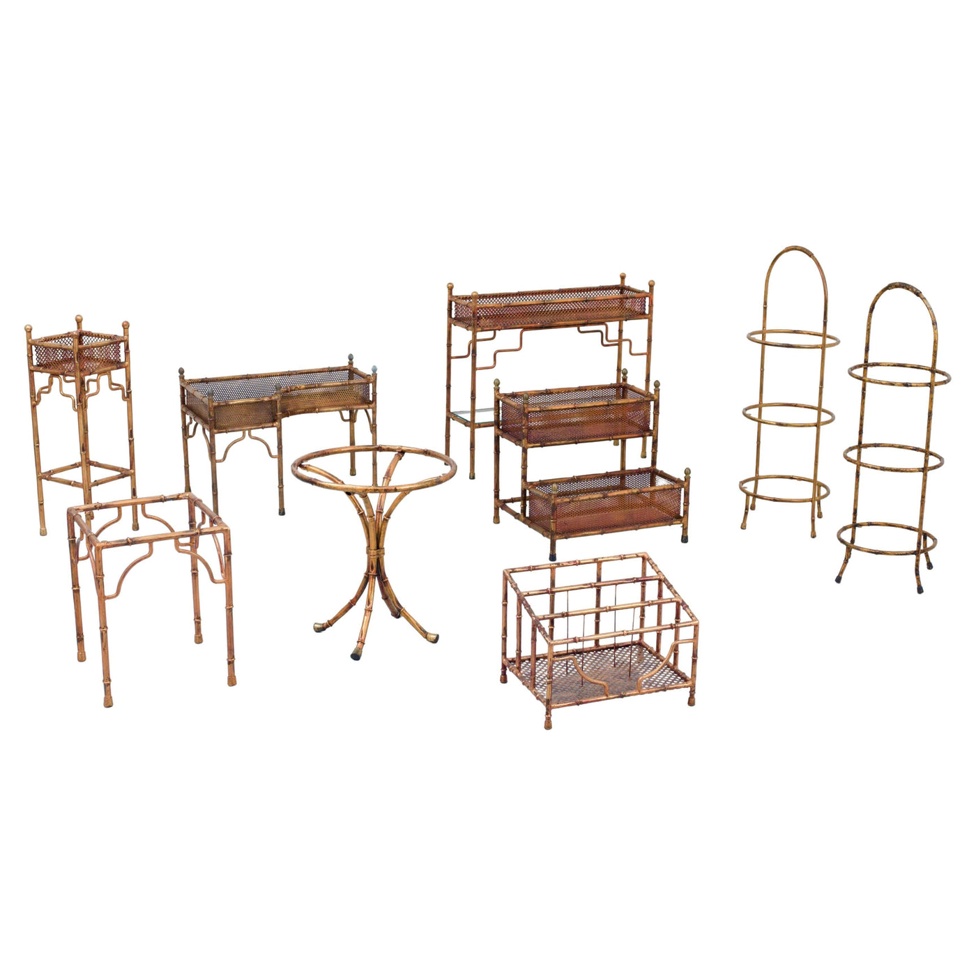 Set of 9 Faux Bamboo Planters and Small Tables with Glass Top, France, 1970's