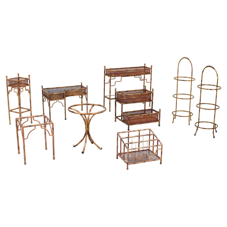 Set of 9 Faux Bamboo Planters and Small Tables with Glass Top, France, 1970's