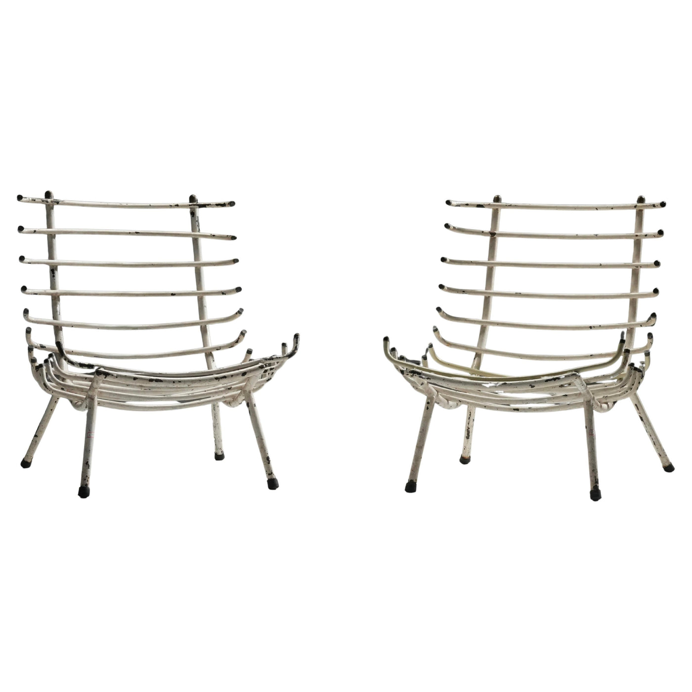 Set of Two White Rib Chairs in Metal and Brass, Brazil, 1950's