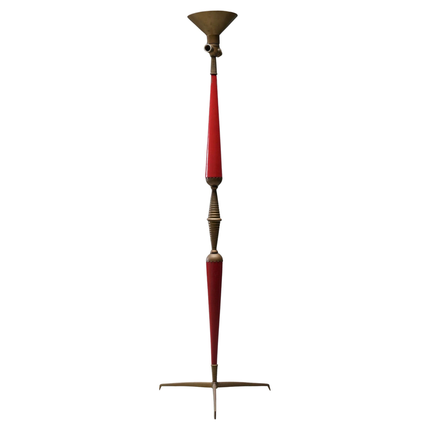 Italian 1950s Floor Lamp with Brass Accents and Original Red Lacquer