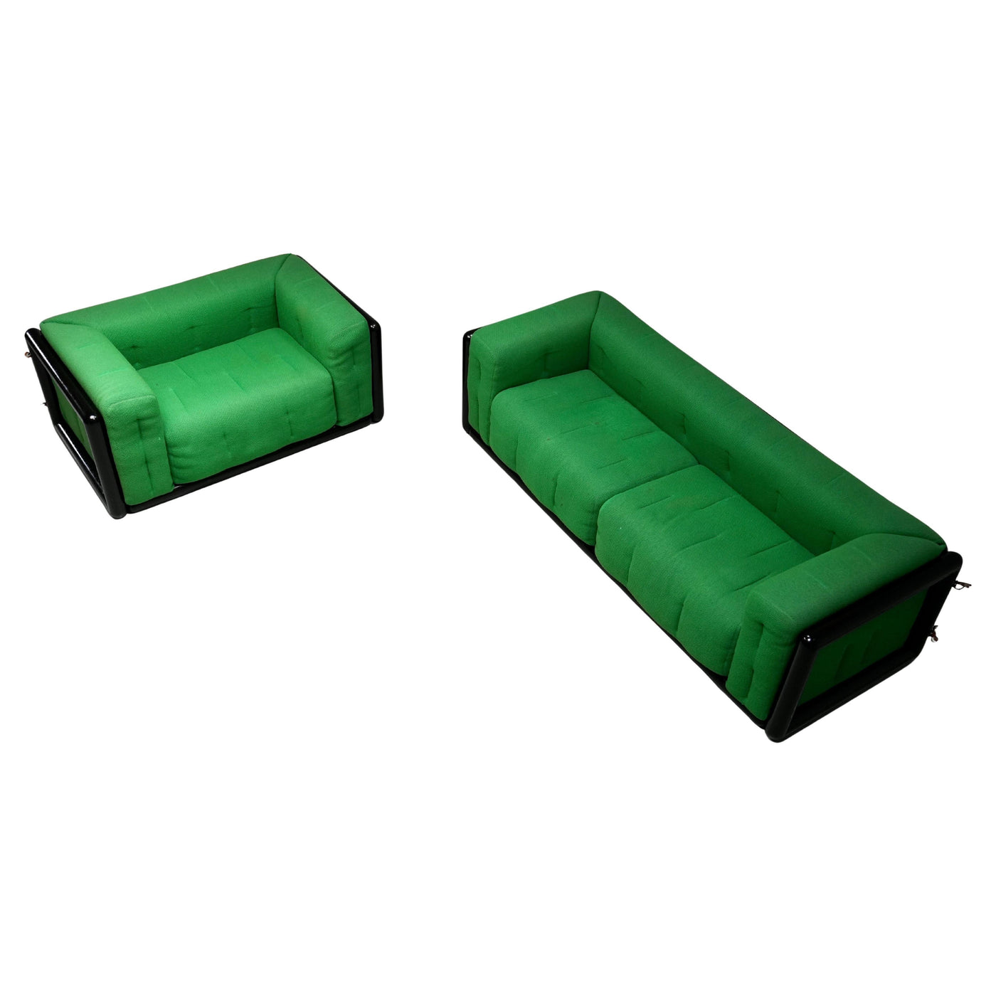 Set of 2 Carlo Scarpa 'Cornaro' Sofas in Iroko Wood and Fabric, Italy, 1970's
