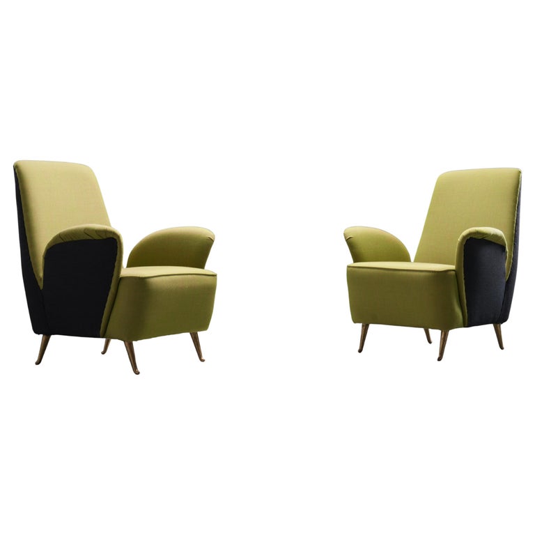 Two Lounge Chairs by Isa Bergamo in Fabric and Brass, Italy, 1950's