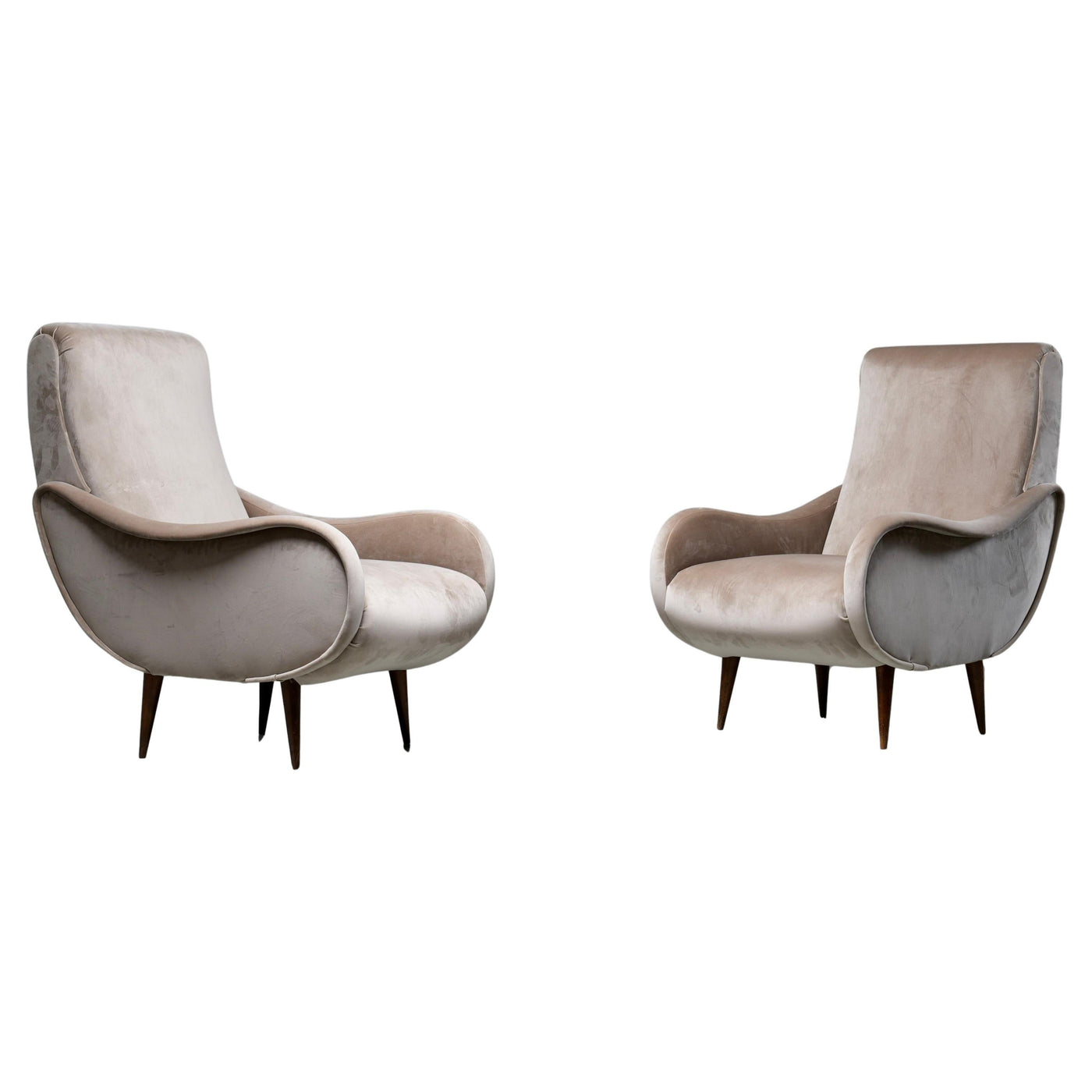 Set of 2 Lounge Chairs in light brown Velvet and Wood, Italy, 1950's