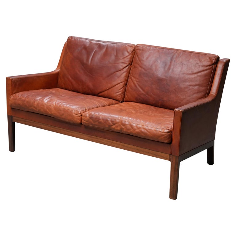 Kai Lyngfeldt Larsen 2 seat Sofa in cognac patinated Leather, Denmark, 1960’s