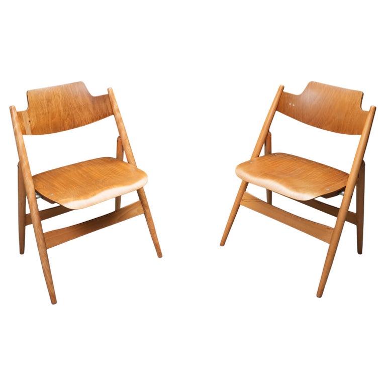Set of 2 Egon Eiermann Folding Chairs in Beech and Metal, Germany, 1950's