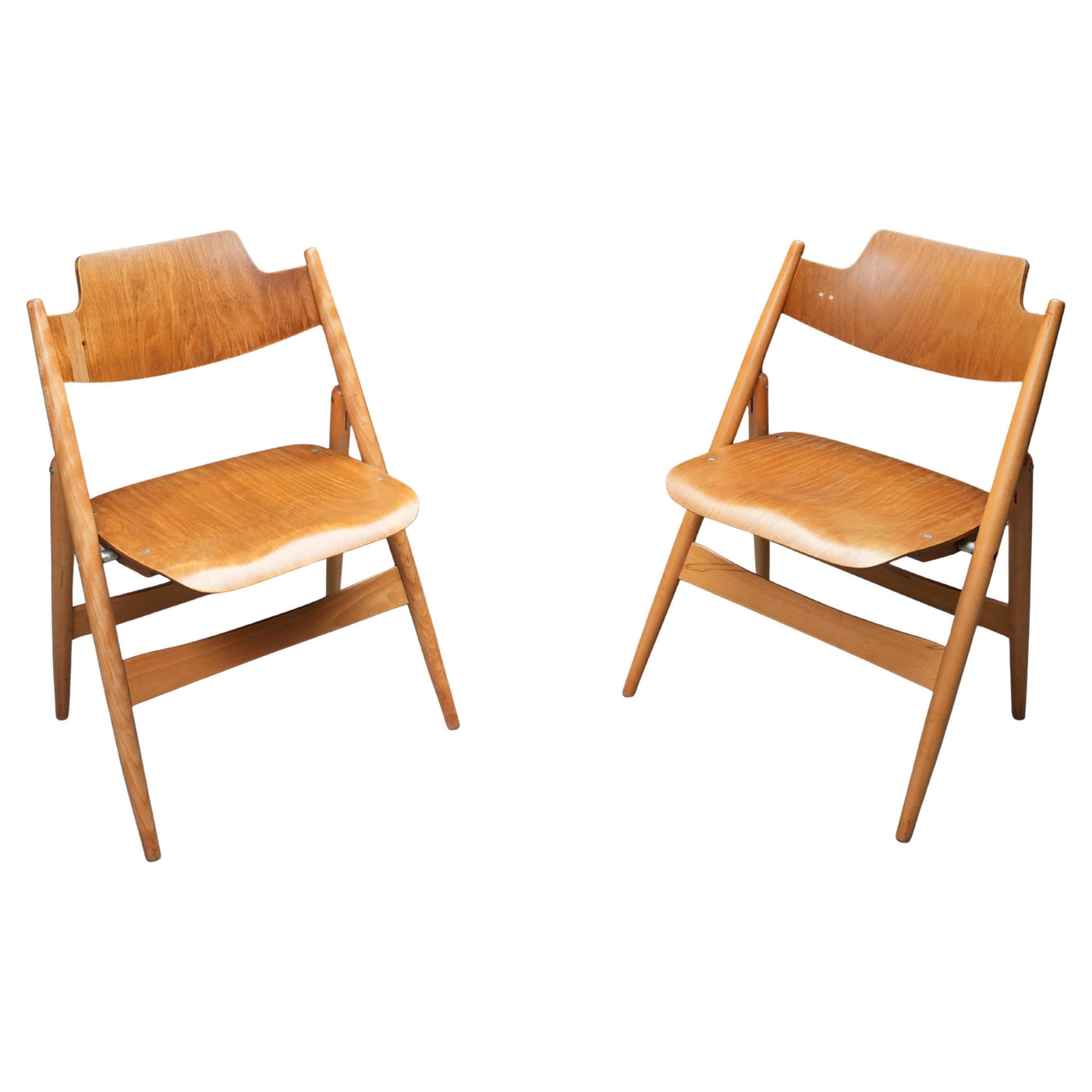 Set of 2 Egon Eiermann Folding Chairs in Beech and Metal, Germany, 1950's