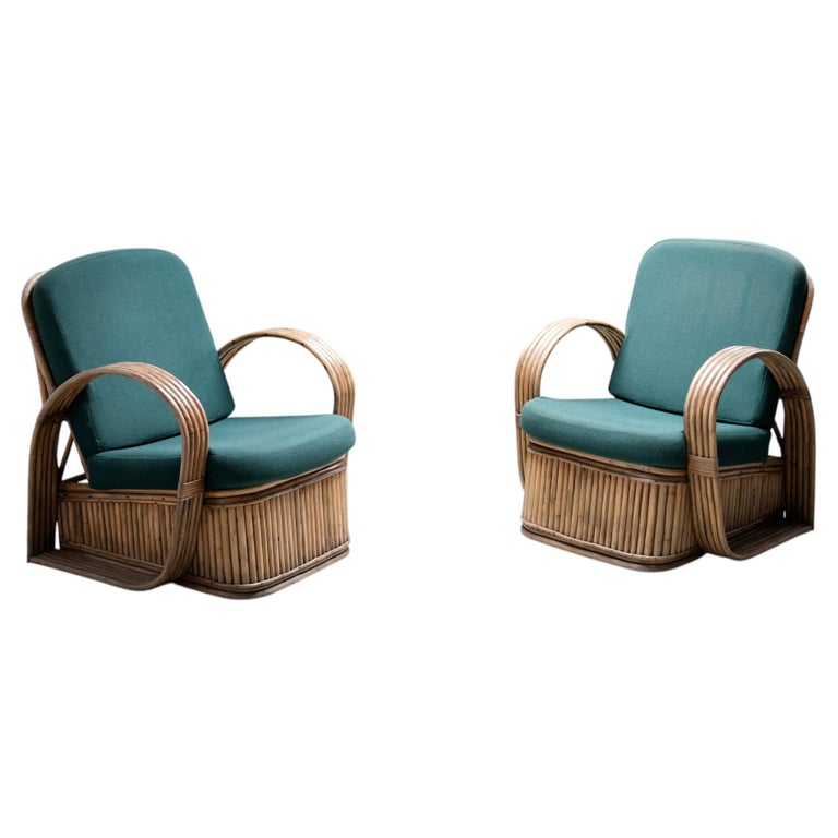 Set of Two Rattan Lounge Chairs, in Green Wool, Italy, 1970's