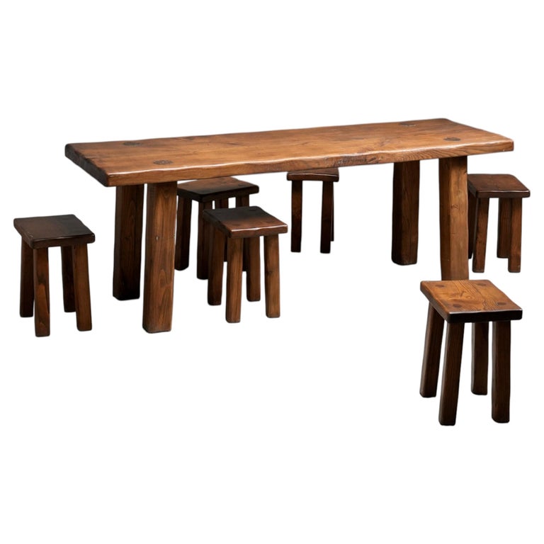 Brutalist Dining Room Set in Solid Pine including 6 Stools, France, 1970's