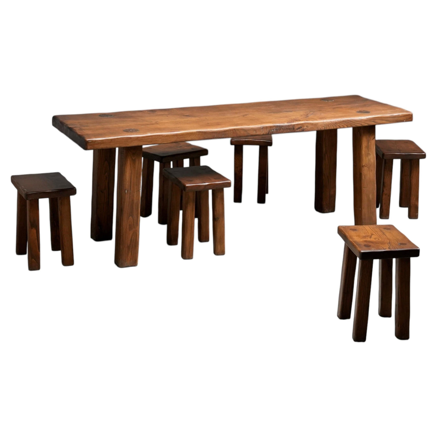 Brutalist Dining Room Set in Solid Pine including 6 Stools, France, 1970's