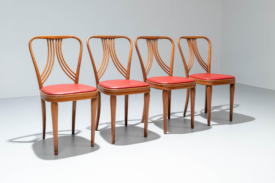 Set of 4 Diningroom Chairs in Blond Wood and Red Faux Leather, Italy, 1950's