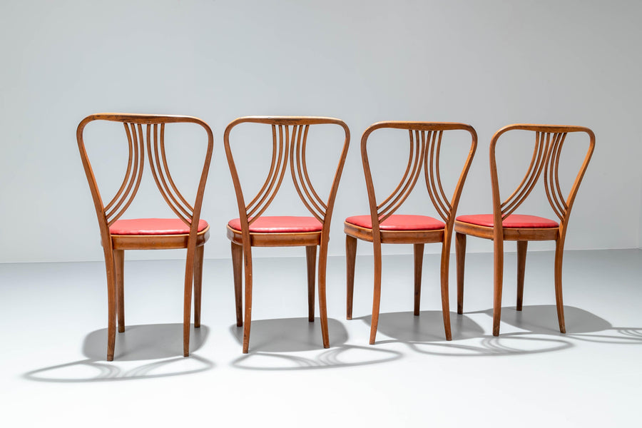 Set of 4 Diningroom Chairs in Blond Wood and Red Faux Leather, Italy, 1950's