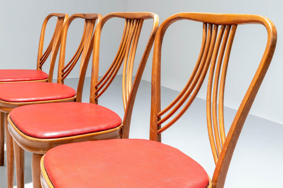 Set of 4 Diningroom Chairs in Blond Wood and Red Faux Leather, Italy, 1950's