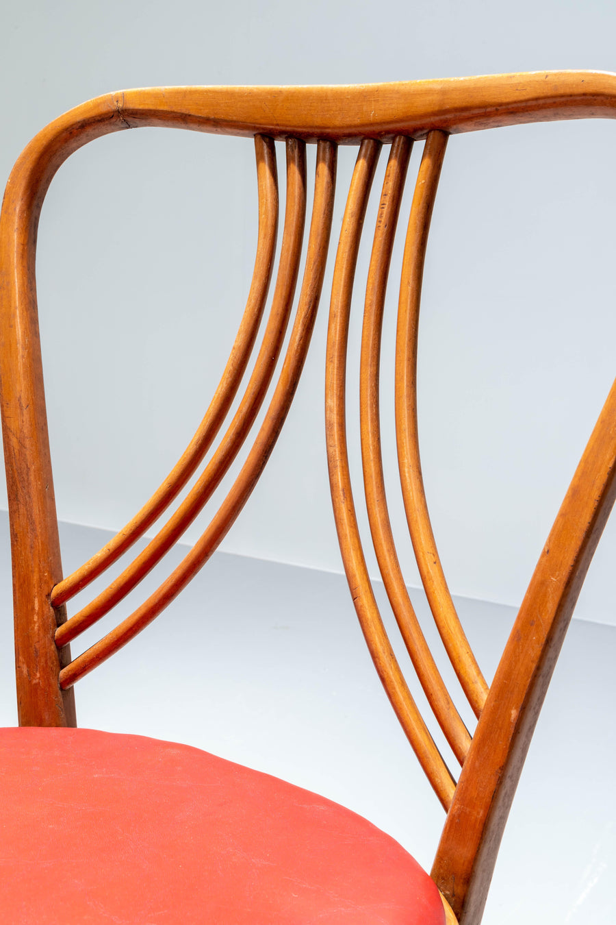 Set of 4 Diningroom Chairs in Blond Wood and Red Faux Leather, Italy, 1950's